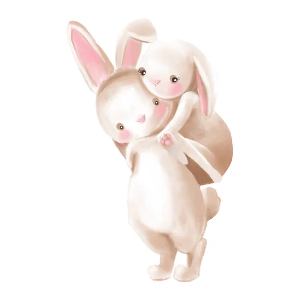 Симпатичные Кролики Акварель Пара Обнимания Катания Спине Белом Фоне — стоковое фото