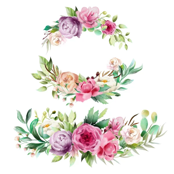 Beautiful Watercolor Floral Whimsical Wreath Frame Fantasy Wedding Arrangement Isolated — Stock Photo, Image