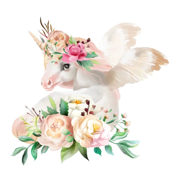 Linda Aquarela Bonito Sonhando Pegasus Com Flores Isoladas Fundo Branco — Fotografia de Stock