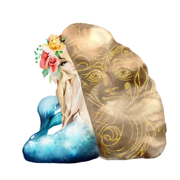 Linda Sereia Aquarela Escondida Atrás Pedra Com Ornamento Dourado Flores — Fotografia de Stock