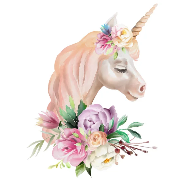 Hermoso Lindo Retrato Unicornio Acuarela Con Flores Aisladas Sobre Fondo —  Fotos de Stock