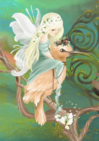 Mooie Geschilderde Fairy Riding Enchanted Bird Met Bloemen Boeket Krans — Stockfoto