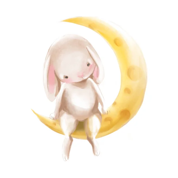 Cute Watercolor Bunny Sitting Half Moon — Stock Photo, Image