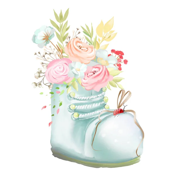 Cute Blue Boot Flowers Floral Bouquet Arrangement Tied Bow Ladybug — Stock Photo, Image