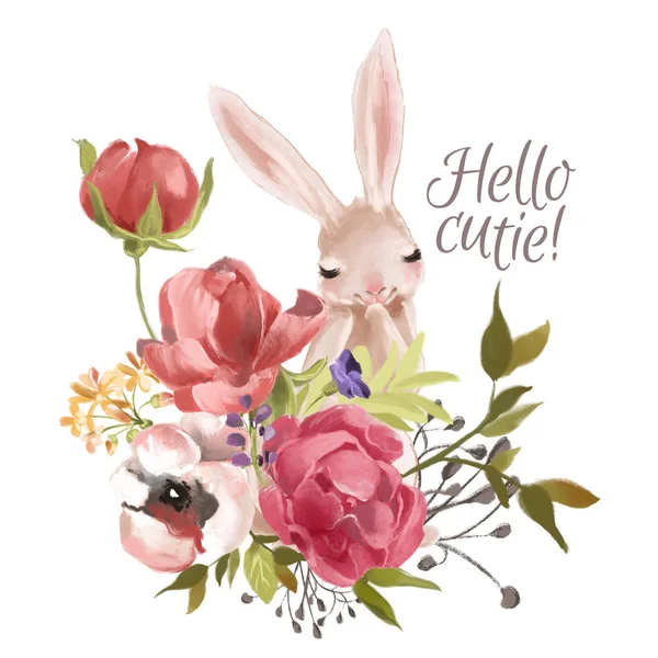 Cute hand drawn bunny with floral bouquet on white background
