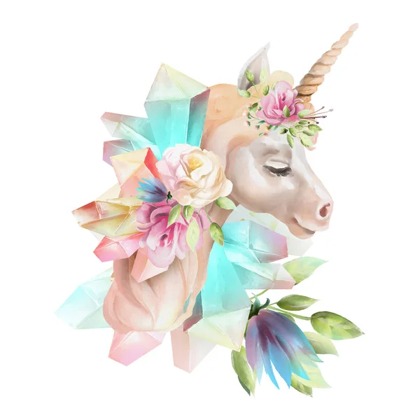 Hermosa Linda Acuarela Unicornio Con Flores Corona Floral Cristales Mágicos —  Fotos de Stock