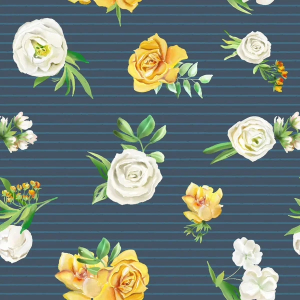 Beautiful Watercolor Flowers Seamless Pattern Dark Striped Background — Stock Photo, Image