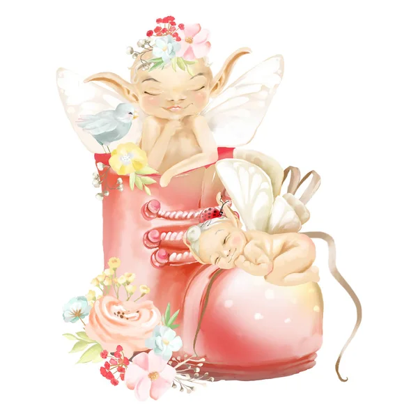 Cute Fairies Boot Tied Bow Flowers Ladybug Little Blue Bird — Stock Photo, Image