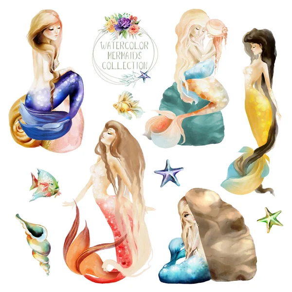 Schöne Aquarell Meerjungfrauen Mit Fischen Und Muscheln Auf Weißem Hintergrund — Stockfoto