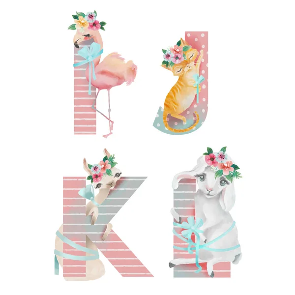 Schattig Alfabet Letters Pastel Kleuren Met Sprookjesachtige Dieren Bloemen Witte — Stockfoto
