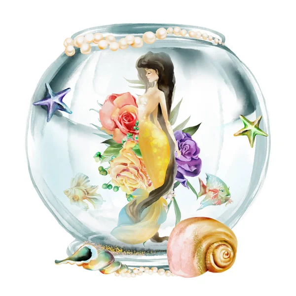 Prachtige Aquarel Fantasy Zeemeermin Aquarium Met Vissen Schelpen Bloemen Krans — Stockfoto