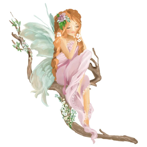 花の花束 花の花輪と古い木の枝に座って美しい塗装された妖精は 白い背景に隔離 — ストック写真