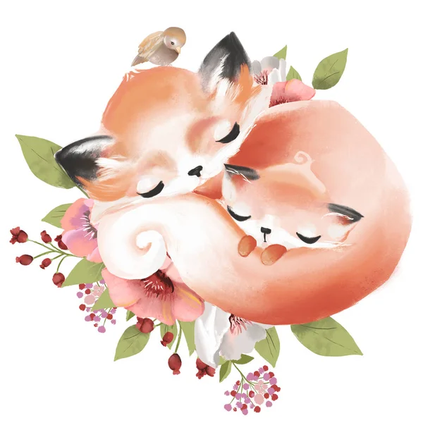 可爱的水彩画母亲狐狸与小狐狸与花和鸟 — 图库照片