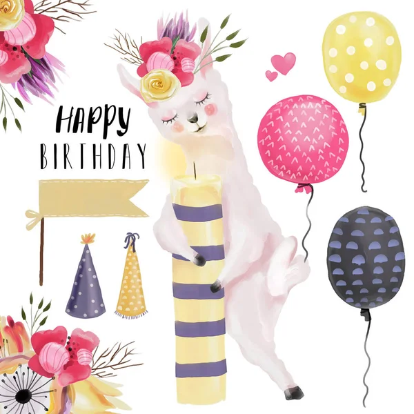 Hand drawn birthday elements with cute llama on white background