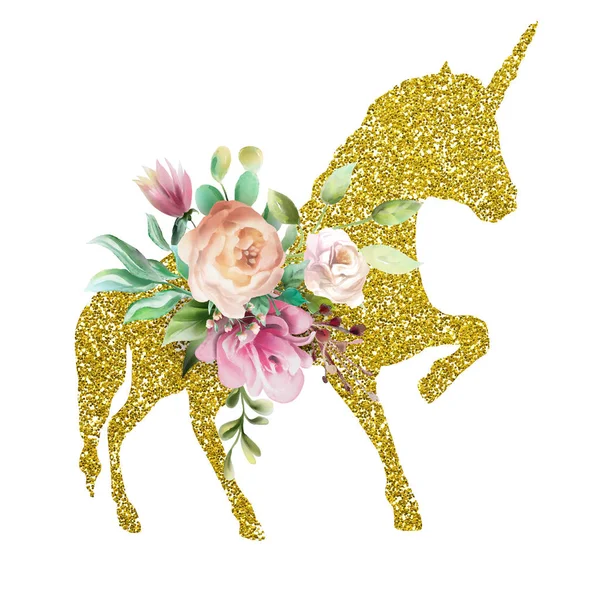 Bella Silhouette Unicorno Colorato Colori Arcobaleno Con Scintillio Dorato Lucido — Foto Stock