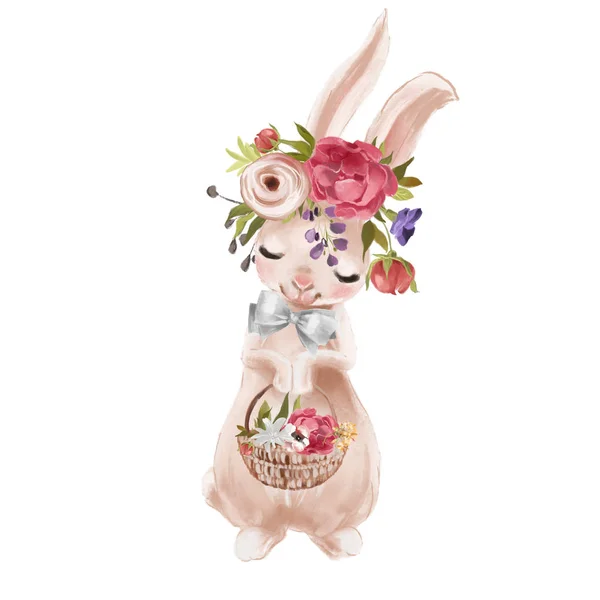 Mignon Lapin Dessiné Main Avec Couronne Florale Noeud Noué Avec — Photo