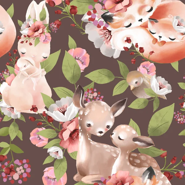 Krásný Vzor Bezešvé Dlaždicovatelné Lesní Živočichové Jeleni Lišky Zajíčky Akvarel — Stock fotografie