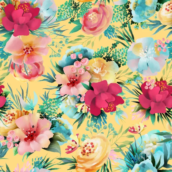 Beautiful Vintage Wild Flowers Floral Seamless Pattern Yellow Background — Stock Photo, Image