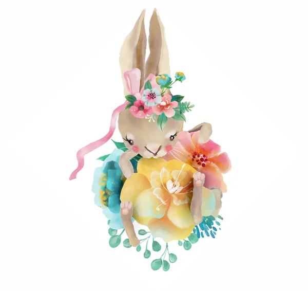 Mignon Lapin Aquarelle Avec Couronne Florale Nœud Noué Fleurs Isolées — Photo