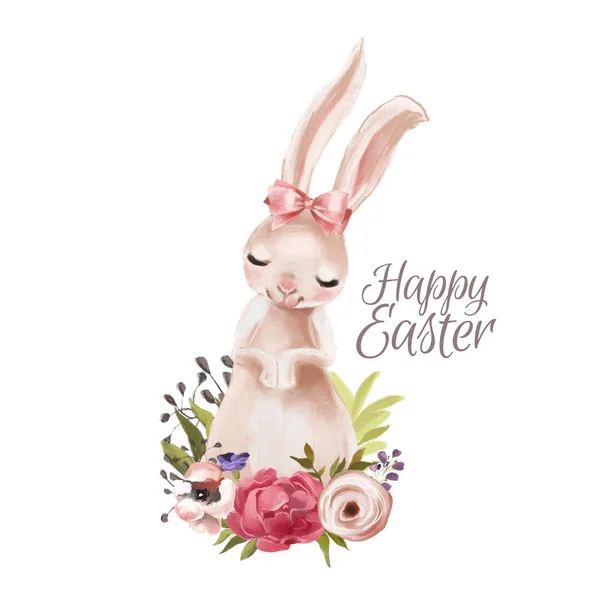 Cute hand drawn Easter bunny with floral bouquet and tied bow