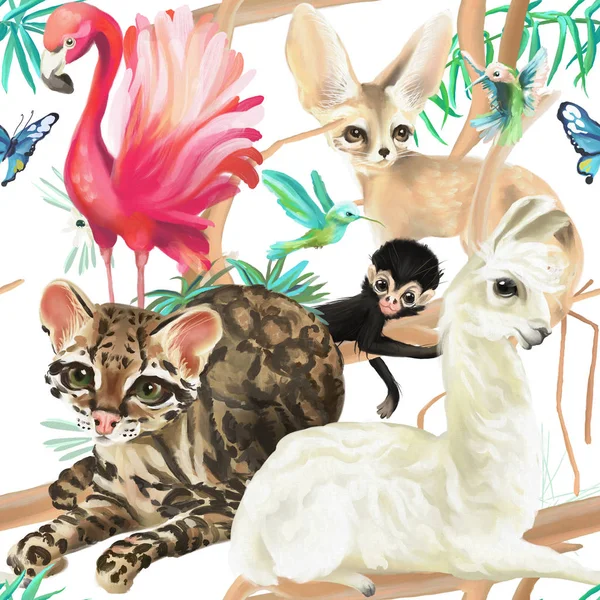 フラミンゴ オセロット猫 フェネックキツネとハチドリと蝶と熱帯シームレスパターン — ストック写真