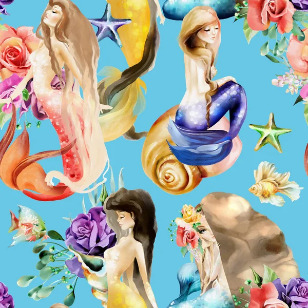 Prachtige Aquarel Zeemeerminnen Naadloze Patroon Met Bloemen Bloemen Boeketten Gouden — Stockfoto