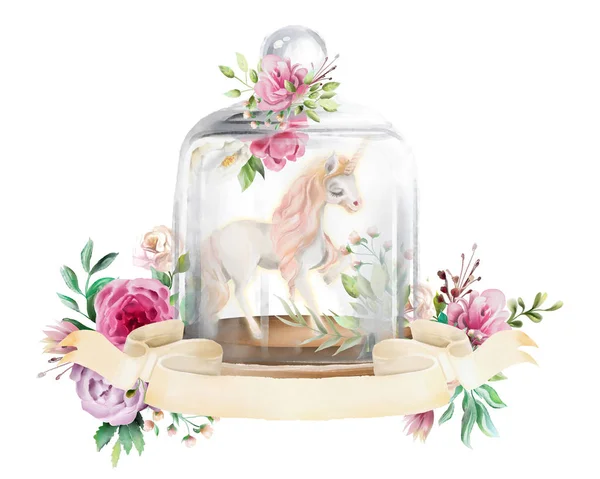 Belle Licorne Fleurs Verre Maçon Pot Illustration Aquarelle Fantaisie Isolé — Photo