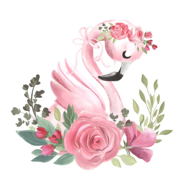 Cute dreaming pink flamingo with flowers and floral wreath on white background