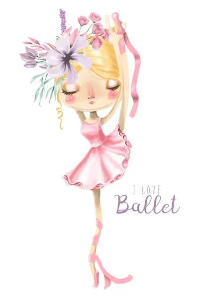 Vintage Illustratie Van Schattige Ballerina Meisje Met Bloemen Witte Achtergrond — Stockfoto