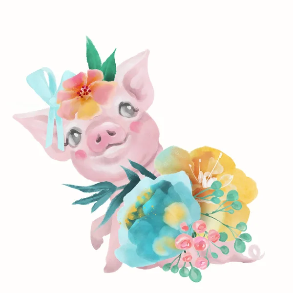Babi Lucu Dengan Karangan Bunga Diikat Busur Dan Bunga Latar — Stok Foto