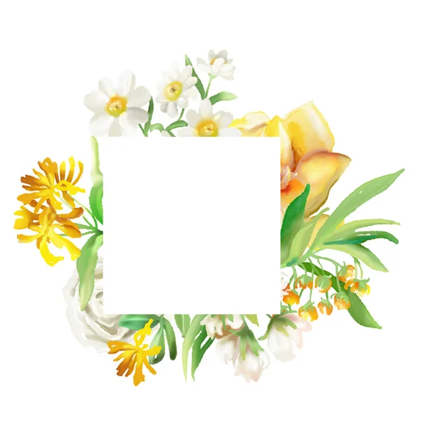 Όμορφο Τετράγωνο Πλαίσιο Ακουαρέλα Λουλούδια Floral Ανθοδέσμη Στεφάνι — Φωτογραφία Αρχείου