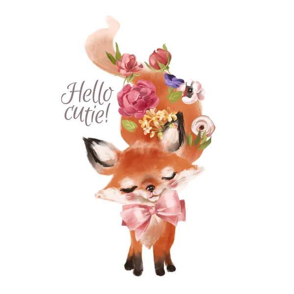 Mignon Renard Dessiné Main Avec Des Fleurs Noeud Noué Sur — Photo