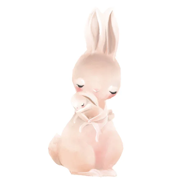 Bunny Słodkie Matki Akwarela Baby Królik Białym Tle — Zdjęcie stockowe