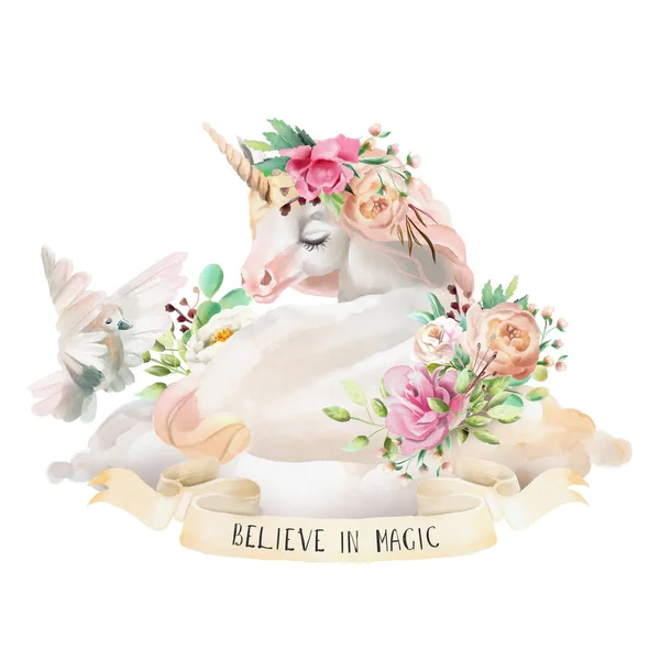 Belle Aquarelle Mignonne Rêvant Licorne Avec Ruban Texte Fleurs Isolés — Photo