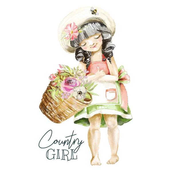 Cute Watercolor Farm Country Girl Straw Hat Basket Field Flowers — Stock Photo, Image