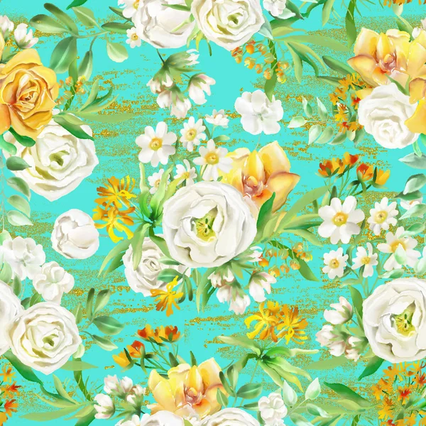 Beautiful Watercolor Flowers Seamless Pattern Turquoise Background Golden Texture — Stock Photo, Image