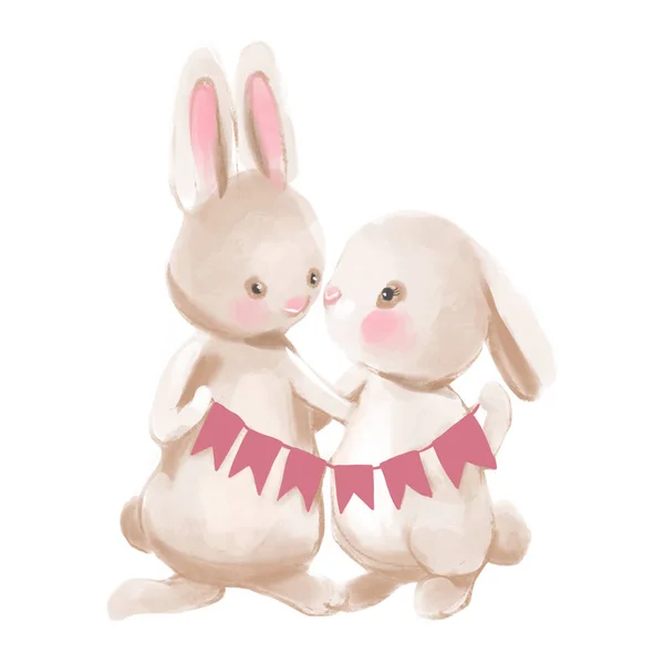 Симпатичные Кролики Акварели Флагами Белом Фоне — стоковое фото