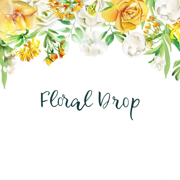 Vacker Akvarell Blommor Droppe Med Gula Blommor Isolerad Vit — Stockfoto
