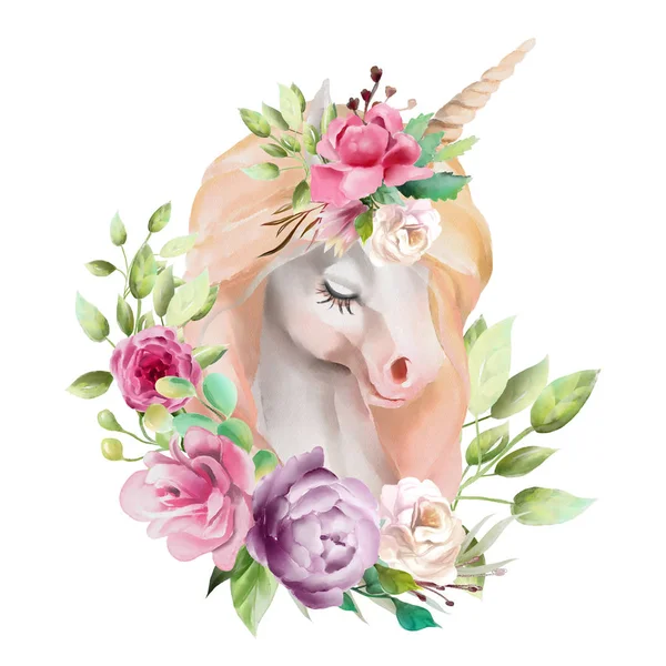 Hermoso Lindo Retrato Unicornio Acuarela Con Flores Aisladas Sobre Fondo —  Fotos de Stock
