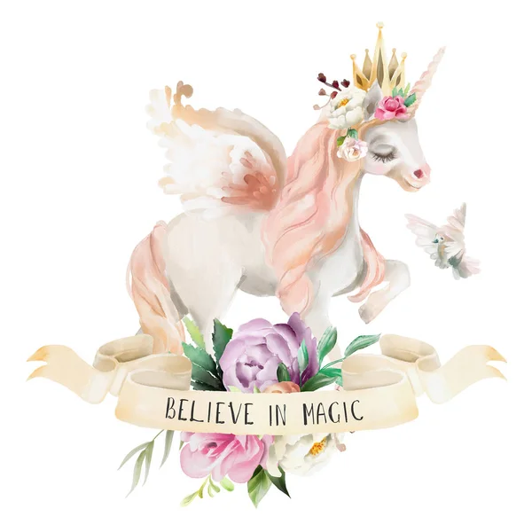 Piękne Słodkie Akwarela Dreaming Pegasus Wstążką Tekst Kwiaty Izolowane Białym — Zdjęcie stockowe