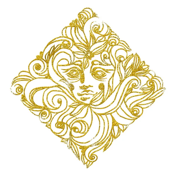 白い背景に隔離された神秘的な顔を持つ美しい古代の黄金の輝くビクトリア朝の装飾品 — ストック写真