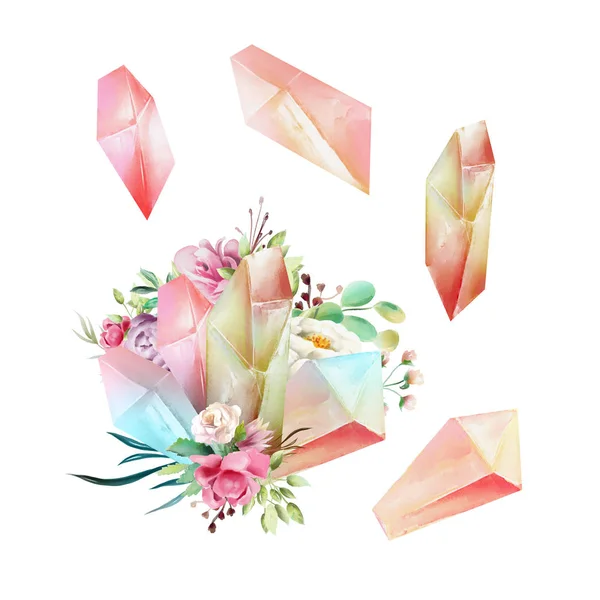 Beautiful Watercolor Fantasy Pink Magic Crystals Flowers White Background — Stock Photo, Image