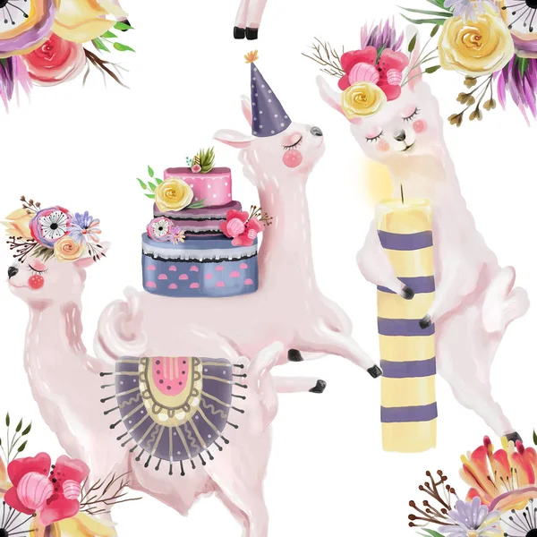 白い背景にケーキ キャンドルと花と誕生日ラマとかわいいシームレスなタイルパターン — ストック写真