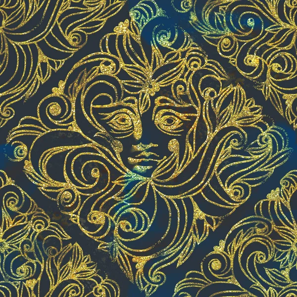 暗い背景に美しい古代の黄金の輝くビクトリア朝の装飾品 シームレスなパターン — ストック写真