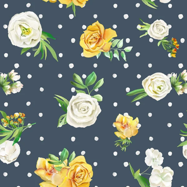 Beautiful Watercolor Flowers Seamless Pattern Dark Background Polka Dots — Stock Photo, Image