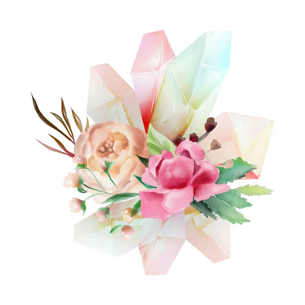 Beautiful Watercolor Fantasy Pink Magic Crystals Flowers White Background — Stock Photo, Image