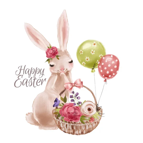 Cute hand drawn Easter bunny with floral bouquet in basket and balloons