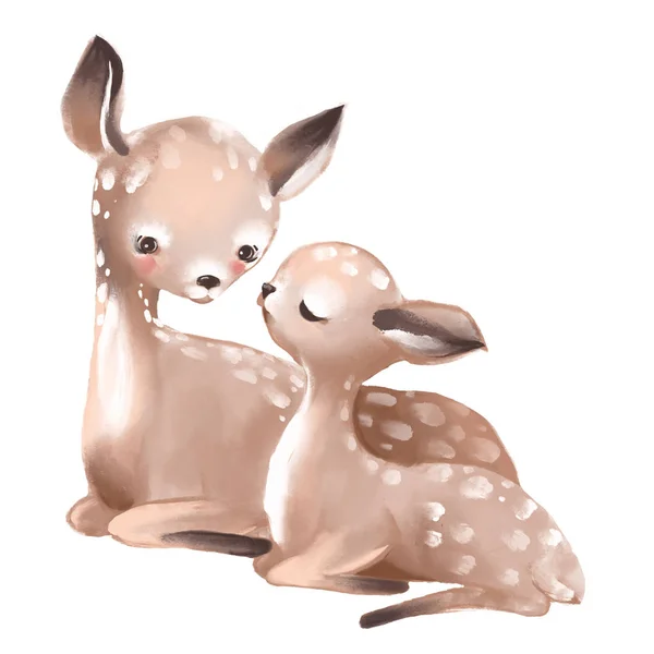 Cute Watercolor Mother Deer Baby Deer White Background — Stock Photo, Image