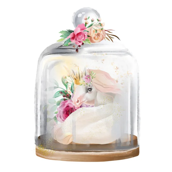 Belle Licorne Couronne Dorée Fleurs Pot Maçon Verre Illustration Aquarelle — Photo