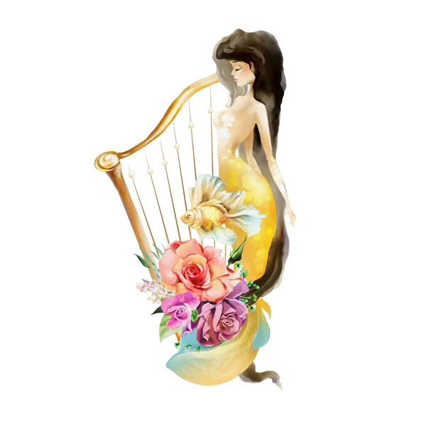 Mooie Aquarel Zeemeermin Met Harp Bloemen Bloemen Boeket Witte Achtergrond — Stockfoto